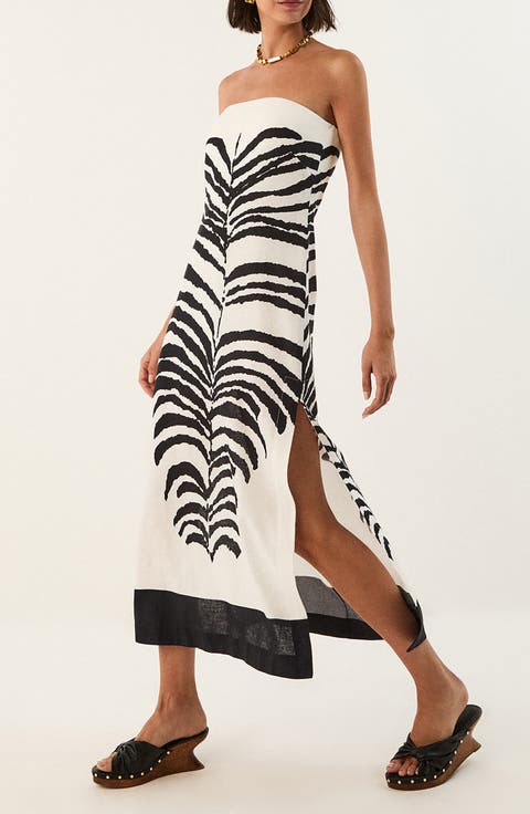 Penelope Print Strapless Linen Blend Dress