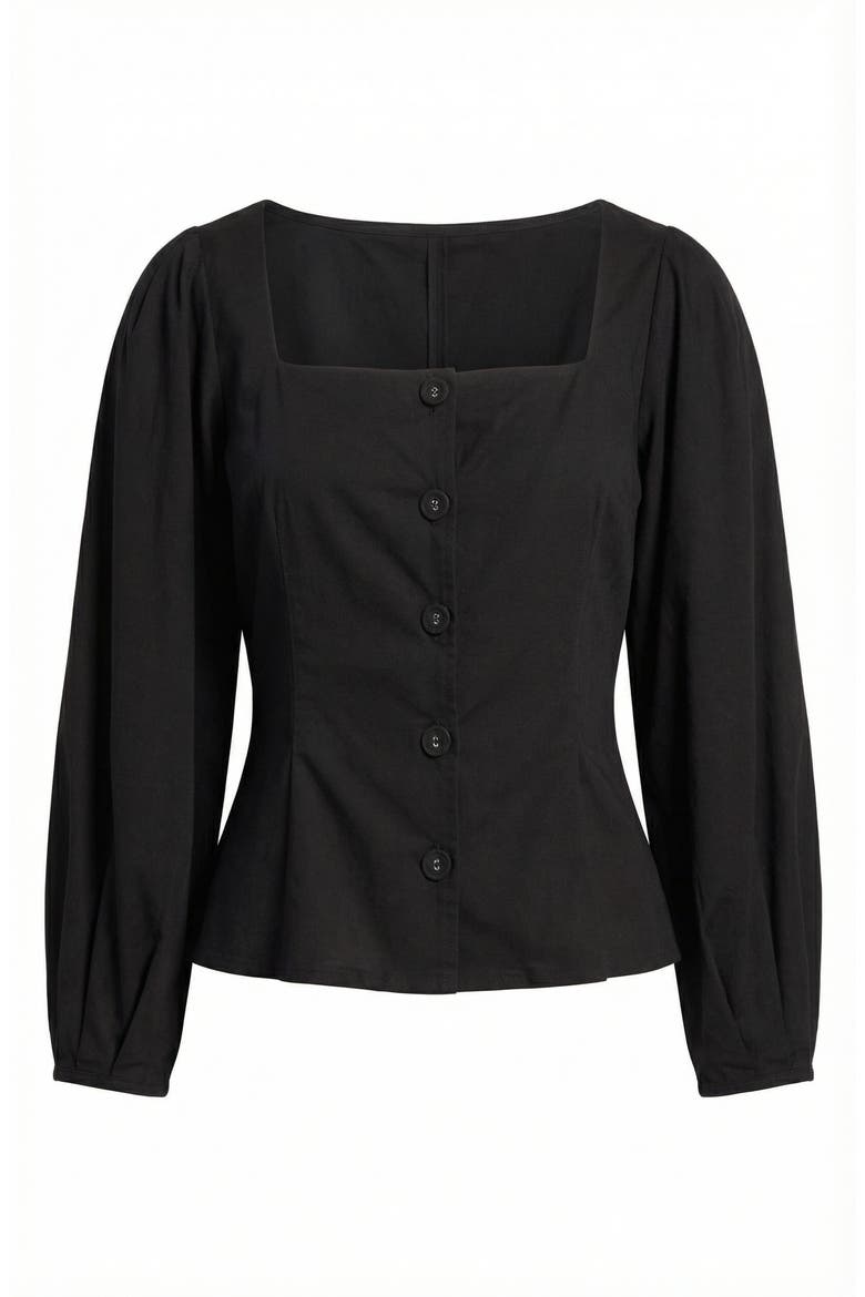 Square Neck Long Sleeve Front Button Peplum Blouse, Alternate, color, Black