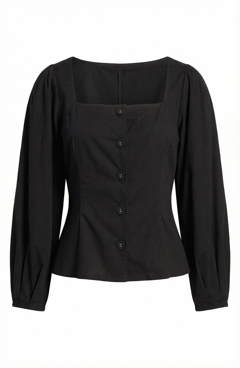 Modenaire Square Neck Long Sleeve Front Button Peplum Blouse, Alternate, color, Black