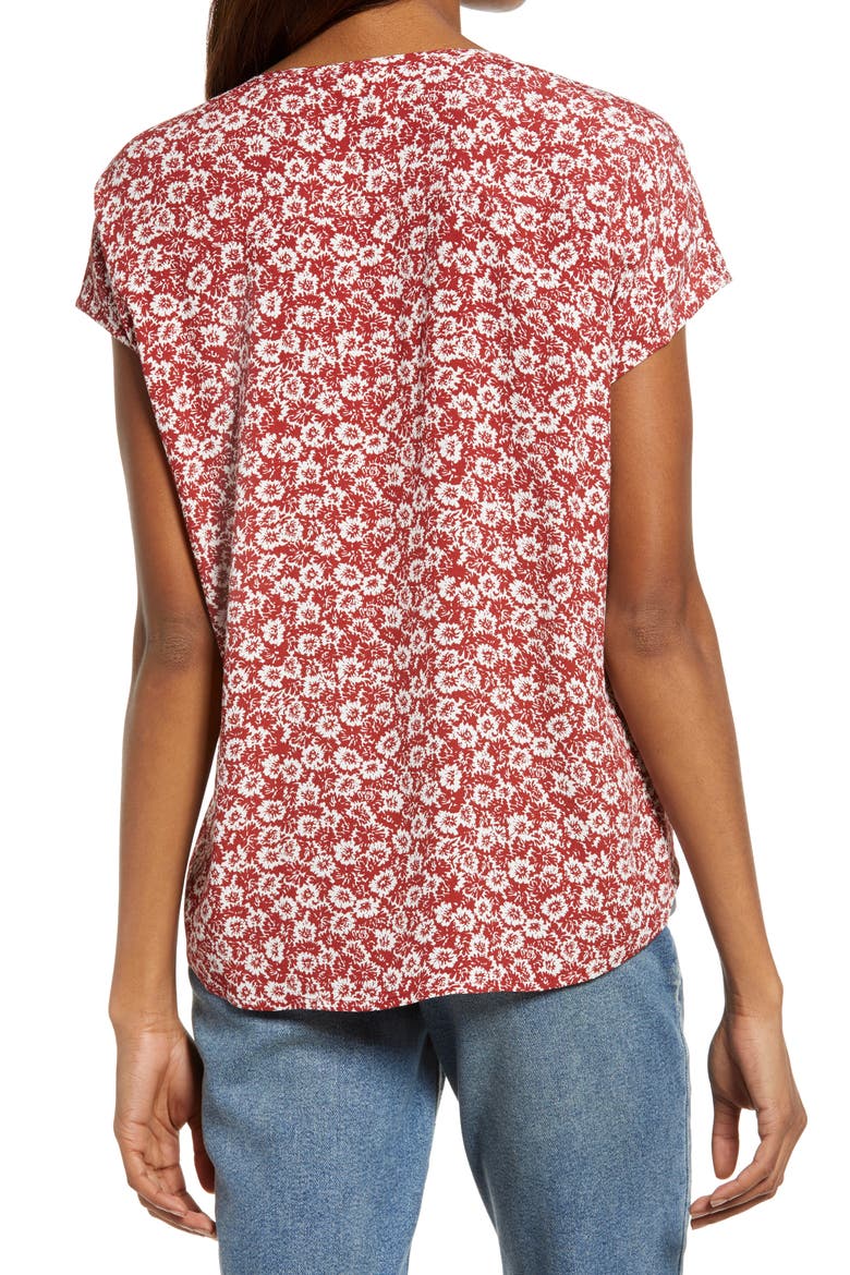 Print Front Button Top, Alternate, color, RED- IVORY SUMMER BLOSSOM