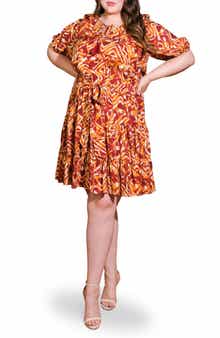 FLYING TOMATO Tie Neck Three-Quarter Puff Sleeve Babydoll Minidress