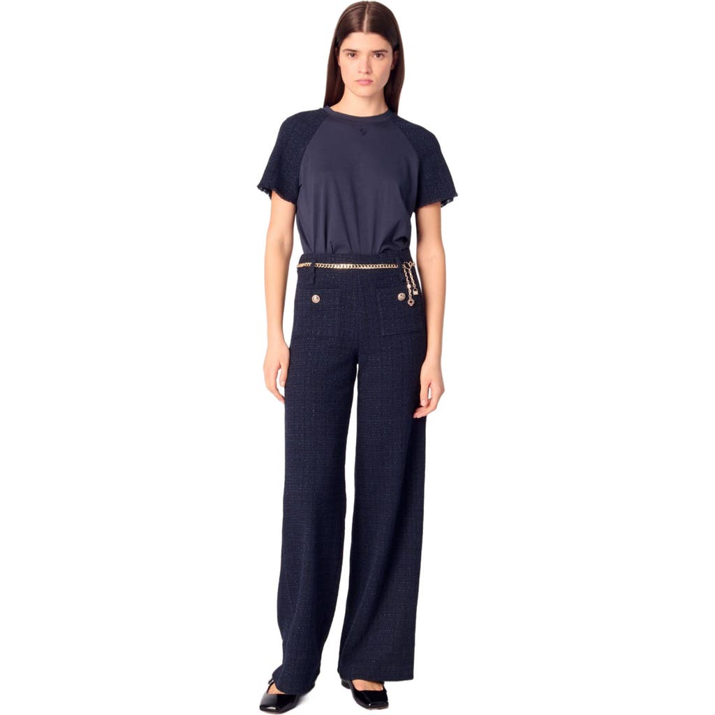 Maje Tweed Trousers With Chain Belt In Navy