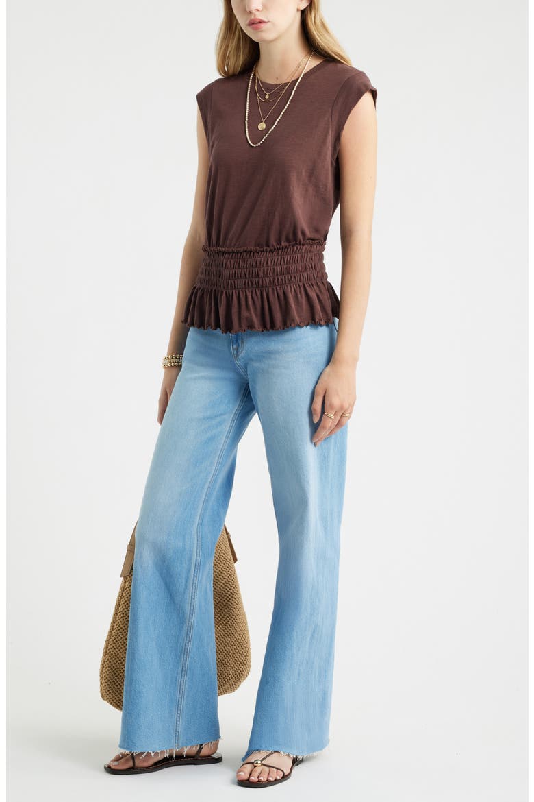 Smocked Waist Peplum Muscle Tank, Alternate, color, BROWN MALICACIA