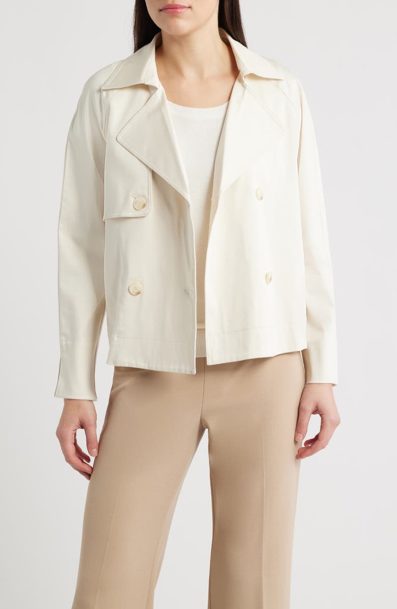 AK ANNE KLEIN Short Double Breasted Cotton Blend Trench Coat, Main, color, White Dove