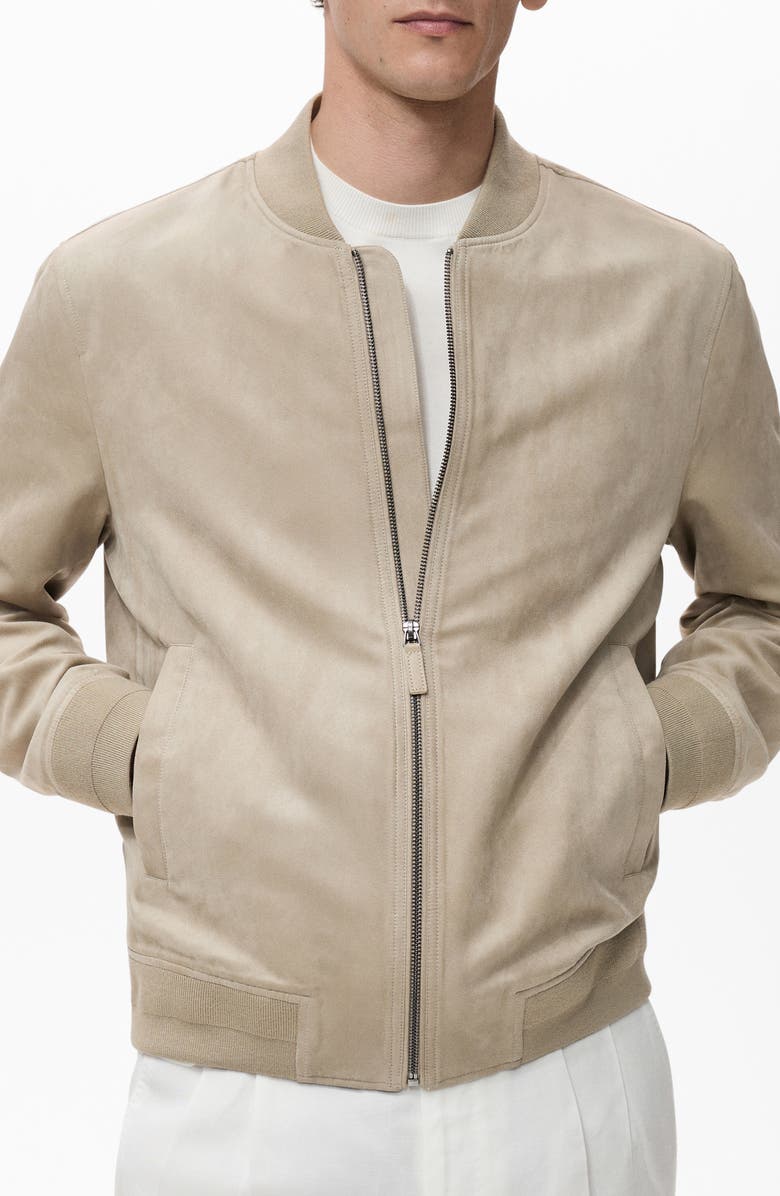 MANGO Faux Suede Bomber Jacket, Main, color, Grey