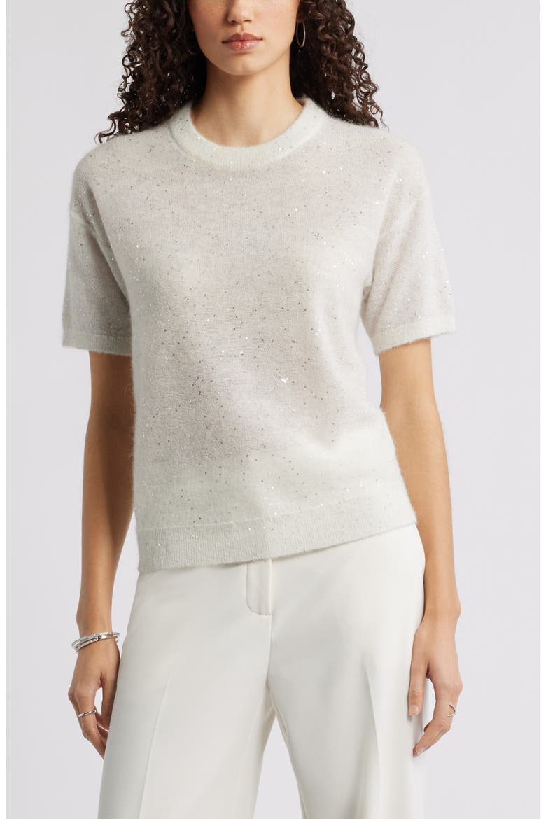 Short Sleeve Sequin Sweater, Main, color, IVORY-SILVER SEQUIN