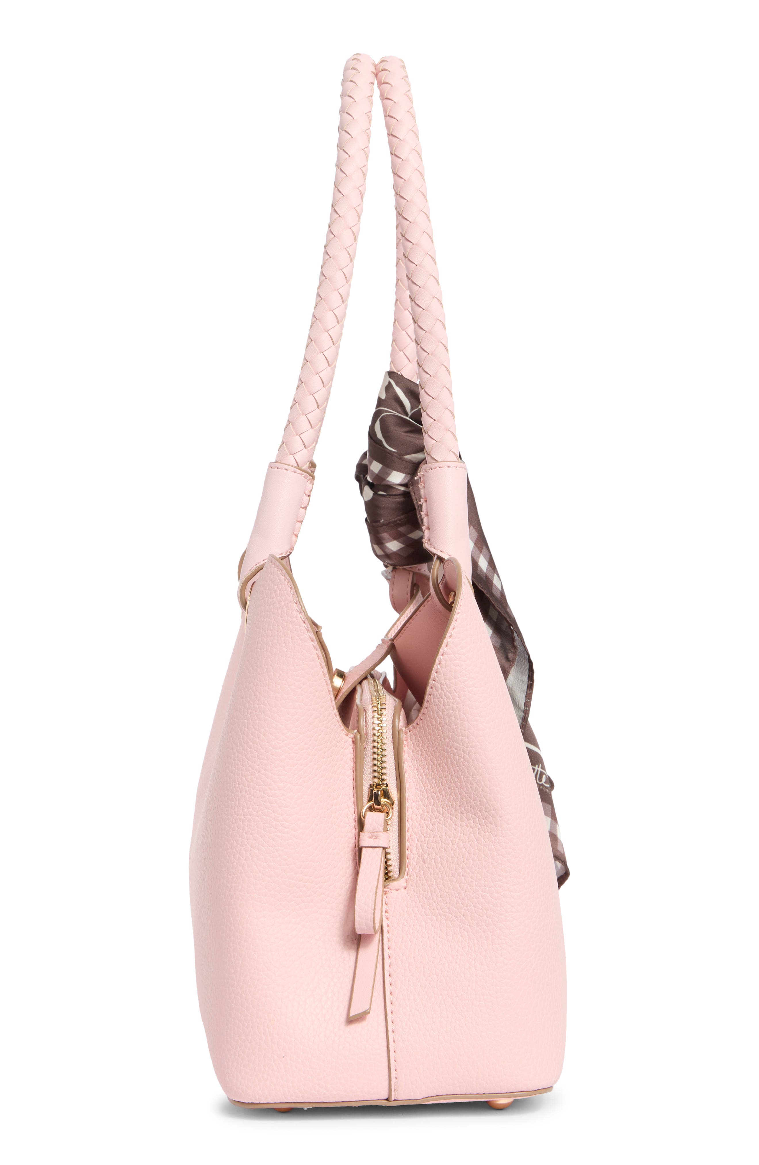 Nanette Lepore Sybil Braided Handle Shoulder Bag, Alternate, color, Peachy Pink-Maple Gingham