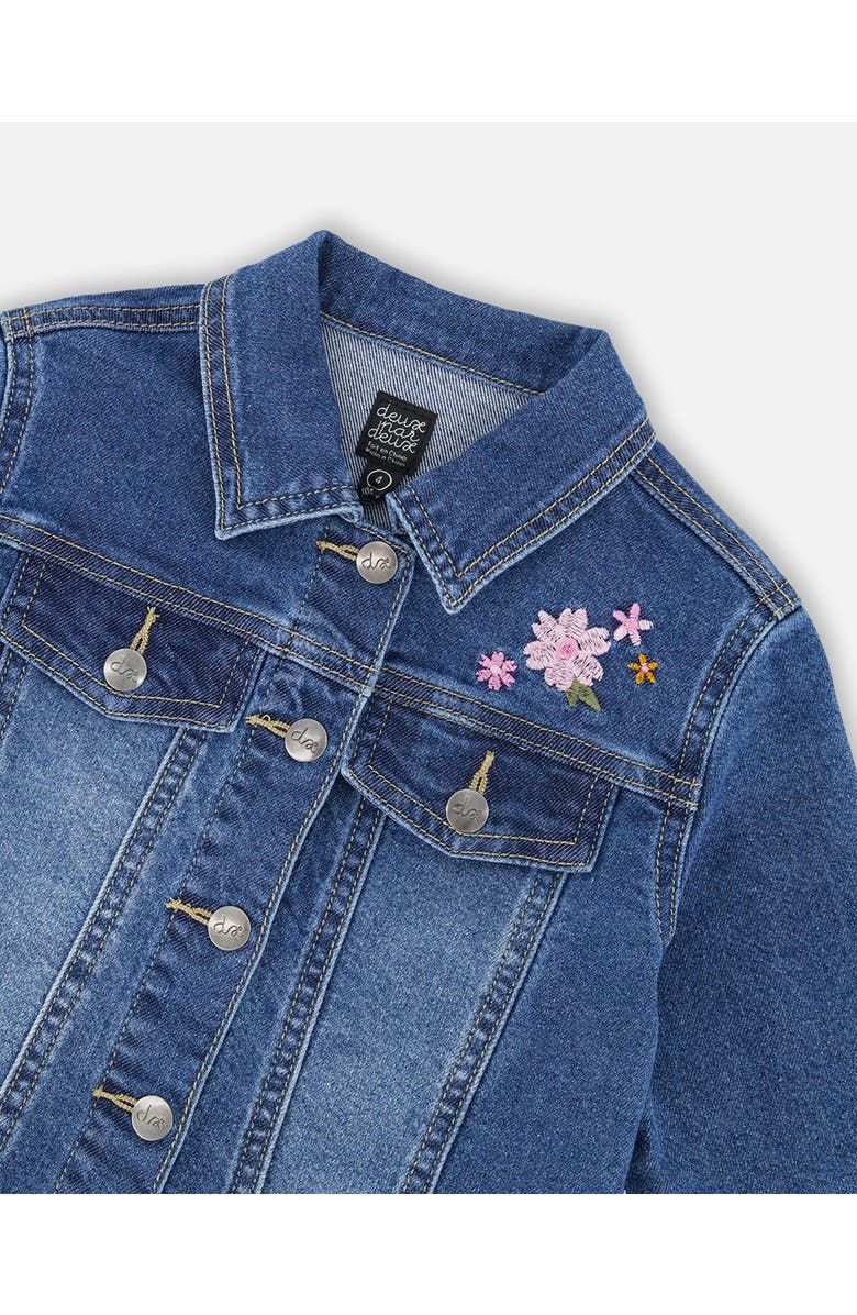 Deux par Deux Denim Jacket with Ruffle Hem and Floral Embroidery, Alternate, color, Blue Denim