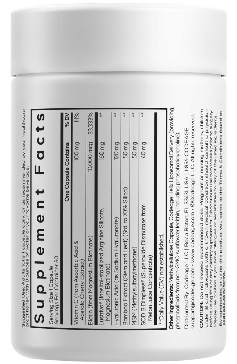 Codeage Hair Growth+Smooth Skin Max Vitamins, Lustriva, SOD B Dimpless, Biotin Vitamin C, Alternate, color, White