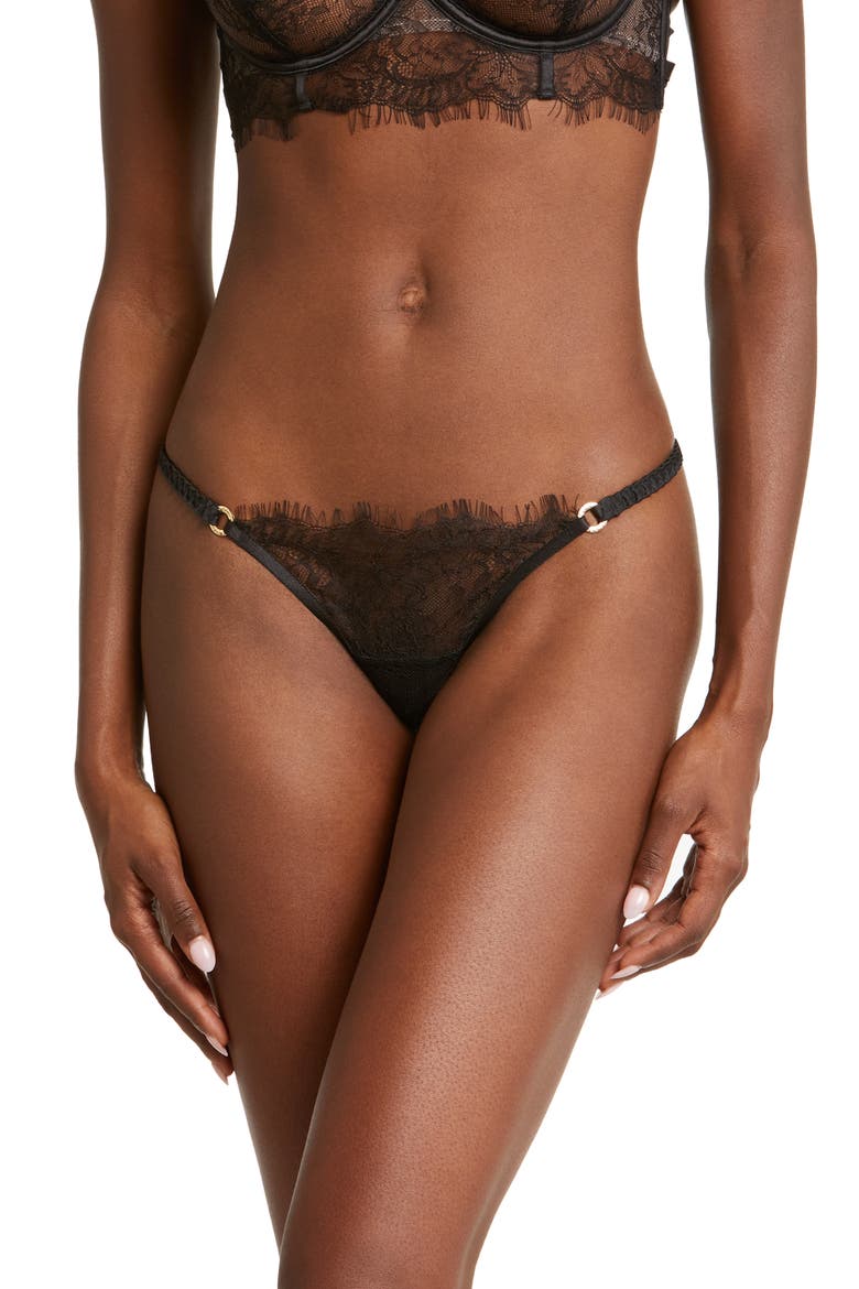 Camelia Eyelash Lace & Mesh Thong, Main, color, BLACK