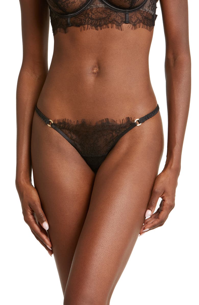 Bluebella Camelia Eyelash Lace & Mesh Thong, Main, color, Black