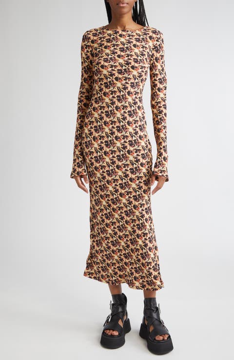 Yuri Leopard Floral Long Sleeve Crepe Dress