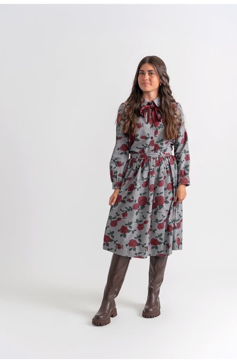 Charlotte & George Printed Woven 2 Piece Long Sleeve Blouse and Skirt Set, Alternate, color, Grey
