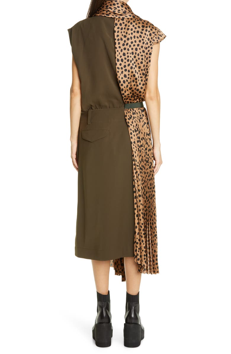 Sacai Cheetah Print Mixed Media Pleated Dress, Alternate, color, 