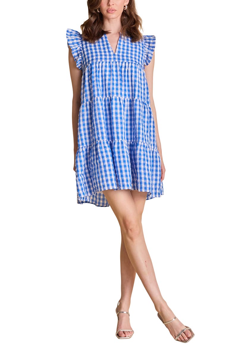 Gingham Check Tiered Minidress, Main, color, BLUE
