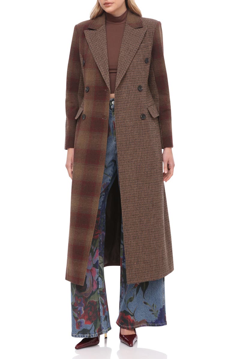 Avec Les Filles Colorblock Plaid Double Breasted Coat, Alternate, color, Brown-Red Plaid