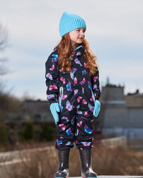 DEUX PAR DEUX DEUX PAR DEUX GIRL'S PRINTED MID-SEASON ONE-PIECE OUTERWEAR MULTICOLORED BUTTERFLIES ON BLACK BACKGR 