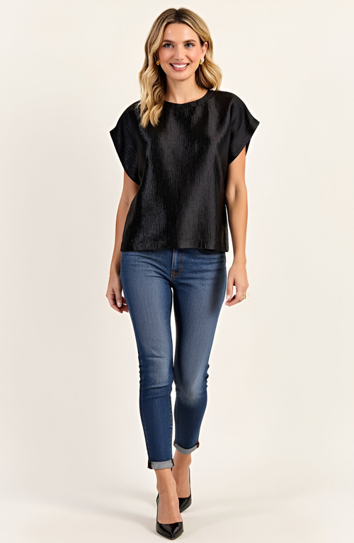 Modenaire Short Sleeve Textured Satin Blouse With Relaxed Fit And Keyhole Back In Black