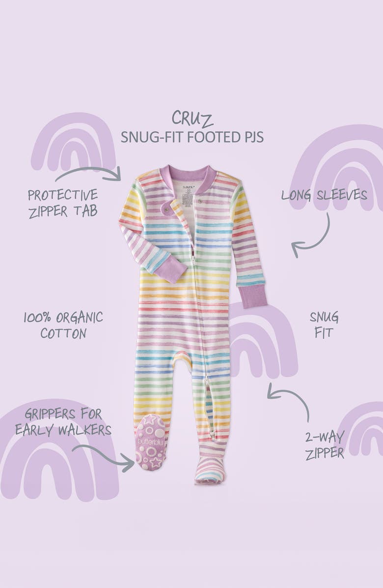 BUTTERBLU Cruz One-Piece Organic Cotton Footie Pajamas, Alternate, color, Sunny Rainbow