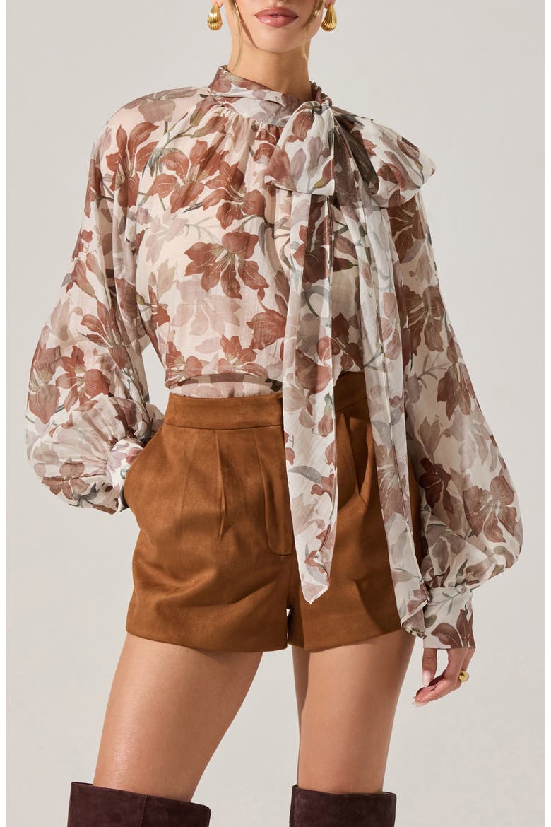 Cinthia Pussybow Balloon Sleeve Top, Main, color, BROWN WHITE FLORAL