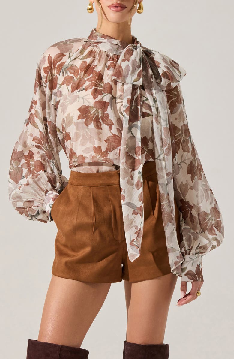 ASTR the Label Cinthia Pussybow Balloon Sleeve Top, Main, color, Brown White Floral
