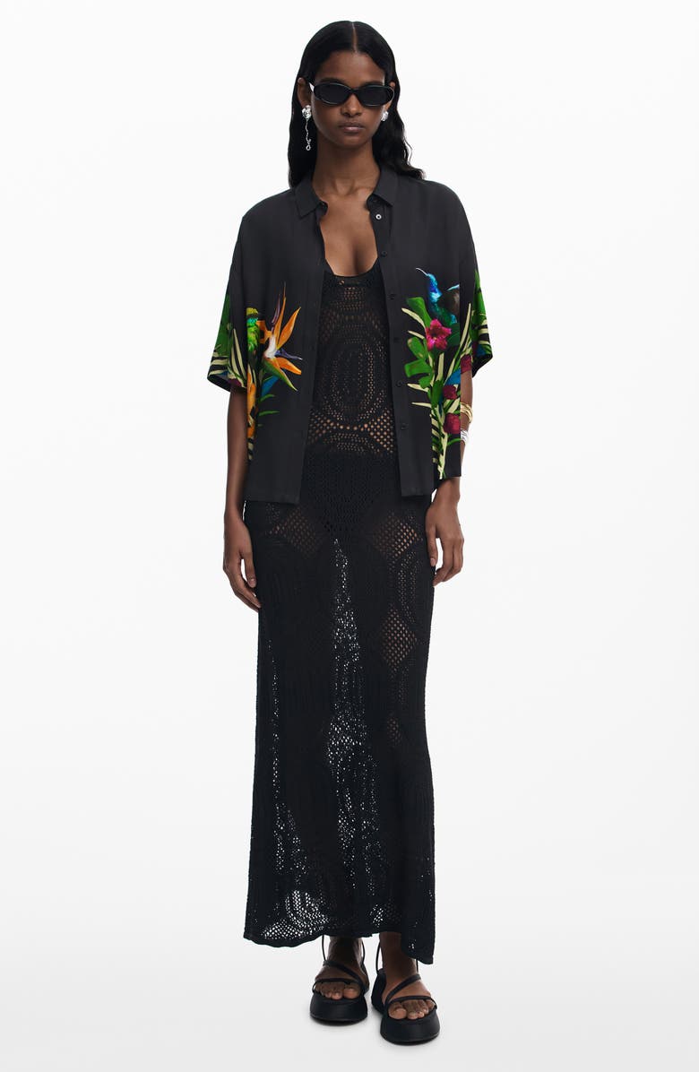 Desigual Floral Short Sleeve Cover-Up Shirt, Alternate, color, Black