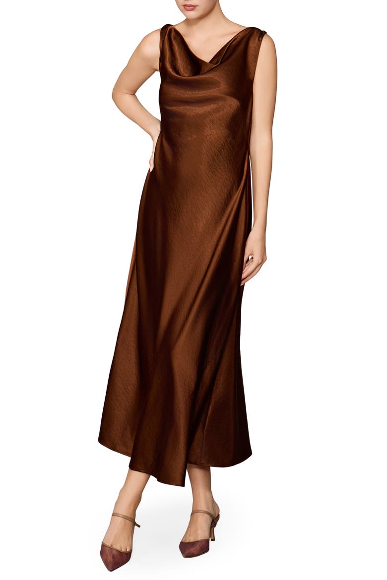 Drape Front Satin Midi Dress, Main, color, BROWN