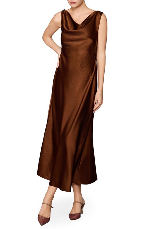 Drape Front Satin Midi Dress