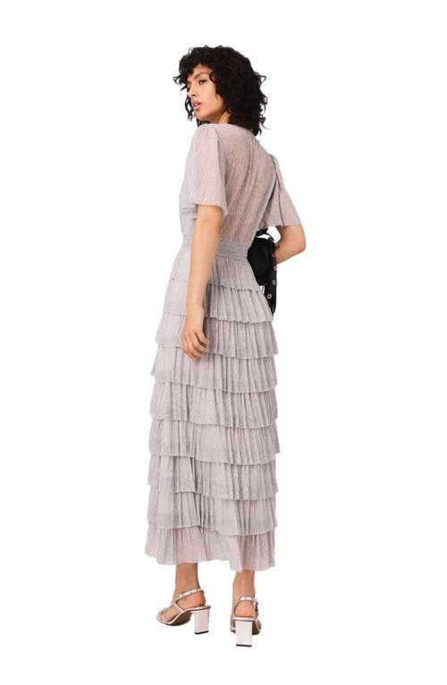 Maje Womens Ruffled V-neck Metallic-woven Maxi Dress Silver In Gray