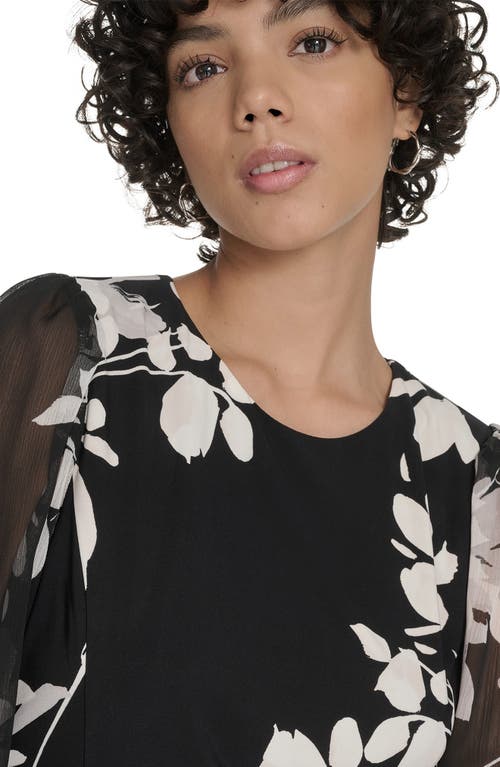 Tommy Hilfiger Floral Long Sleeve Ruffle Mixed Media Midi Dress In Black