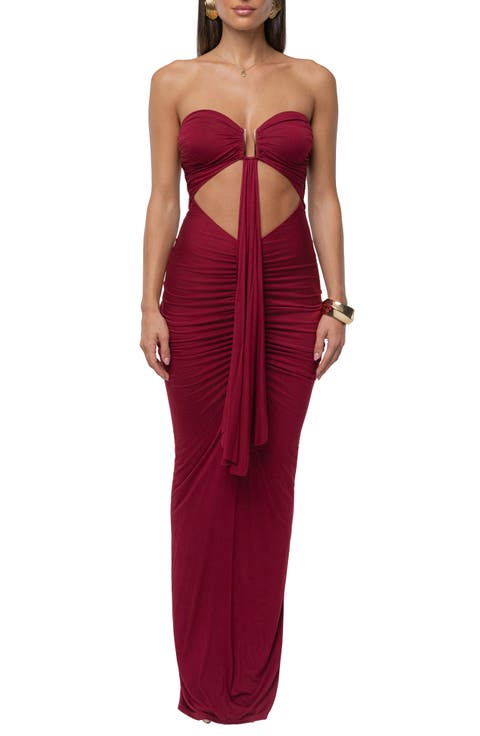 Drape Cutout Strapless Body-Con Maxi Cocktail Dress