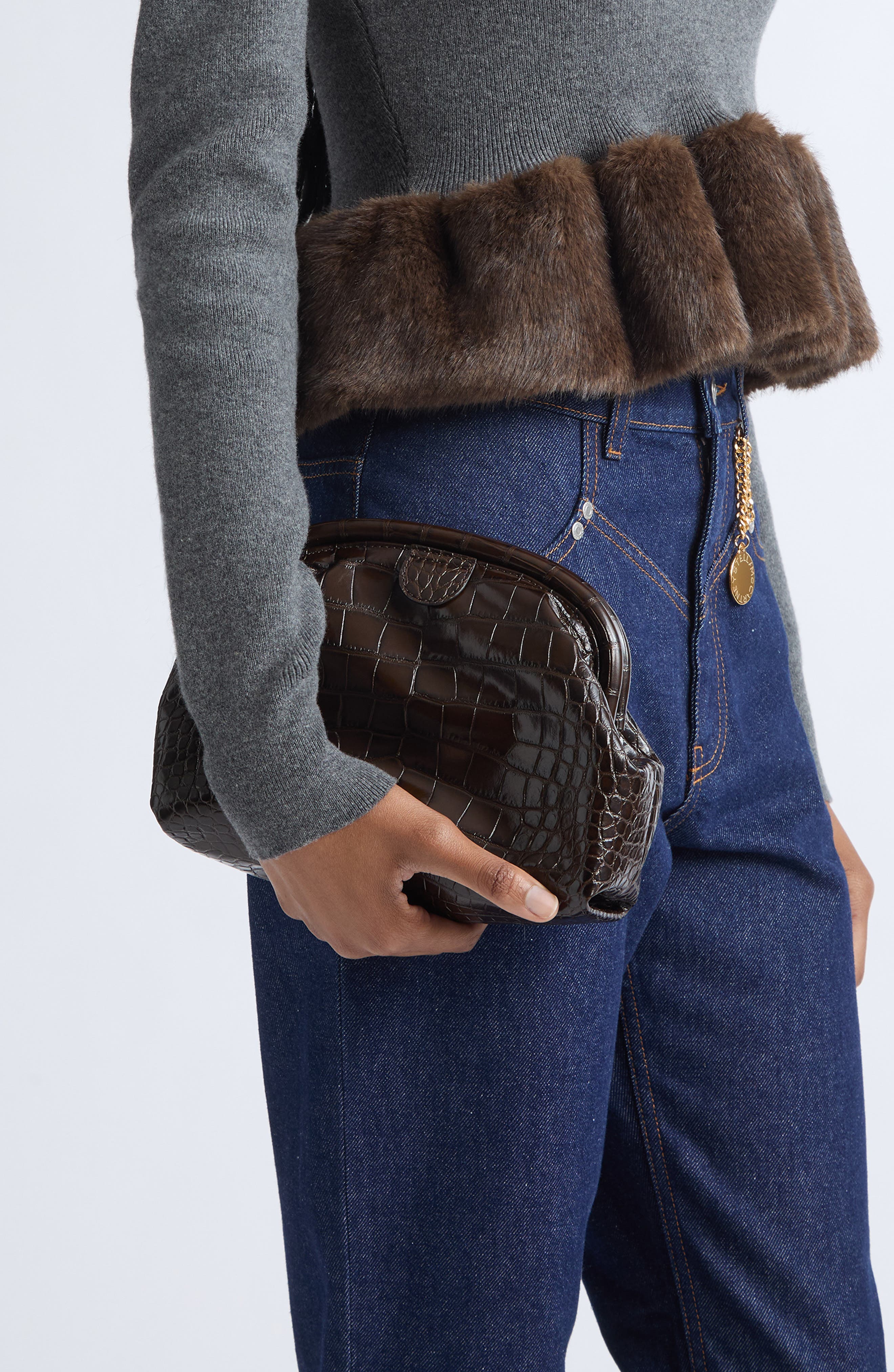 Falabella Croc Embossed Faux Leather Soft Clutch, Alternate, color, COFFEE
