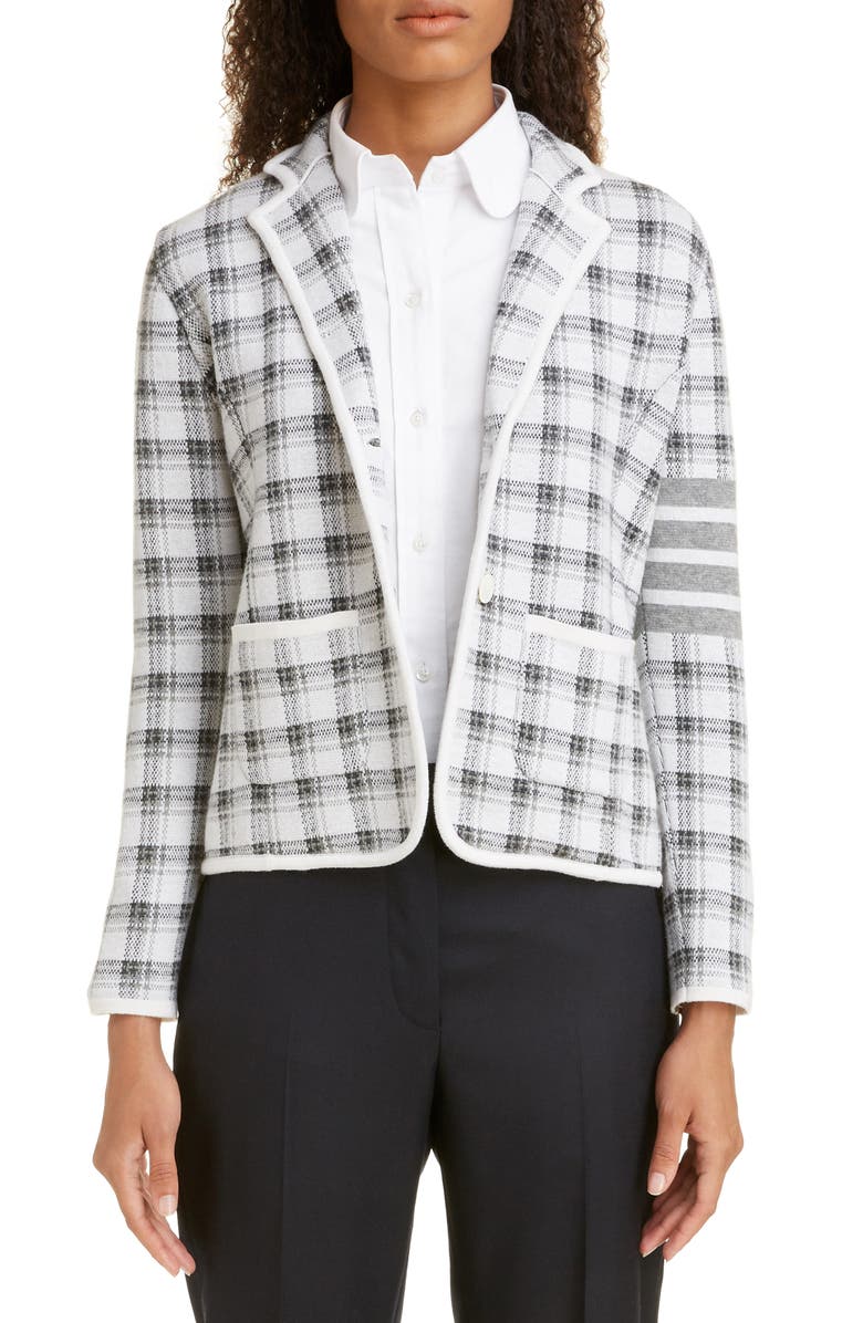 Thom Browne Check Jacquard Cashmere & Wool Sweater Jacket, Main, color, 