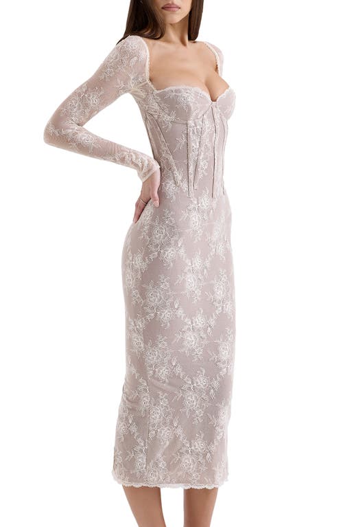 House Of Cb Saisha Long Sleeve Lace Cocktail Midi Dress In Vintage Cream