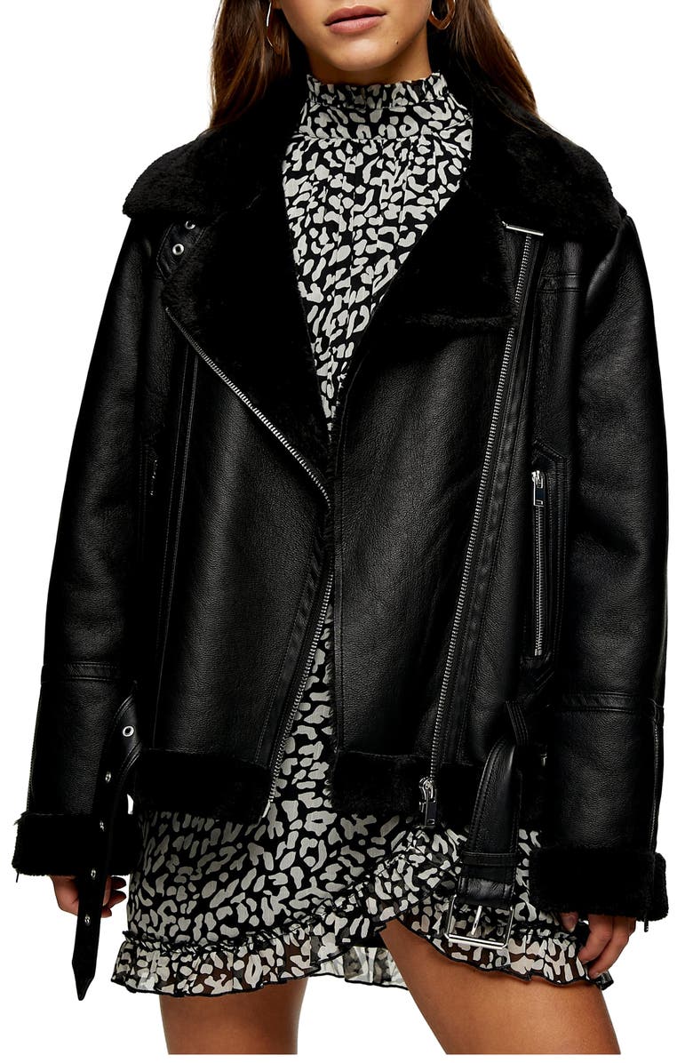 Topshop Fleece & Faux Leather Moto Jacket, Main, color,