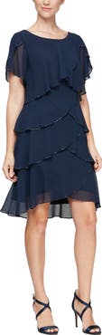 SL FASHIONS Beaded Tiered Chiffon Sheath Dress
