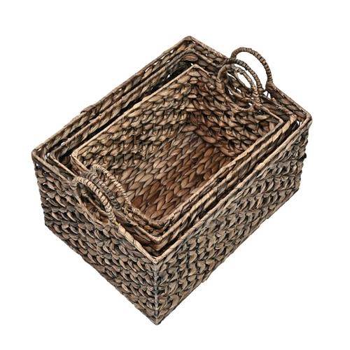 Happimess Quinn Bohemian Cottage Woven Hyacinth Rectangular Storage Baskets With Handles (set Of 3) In Brown