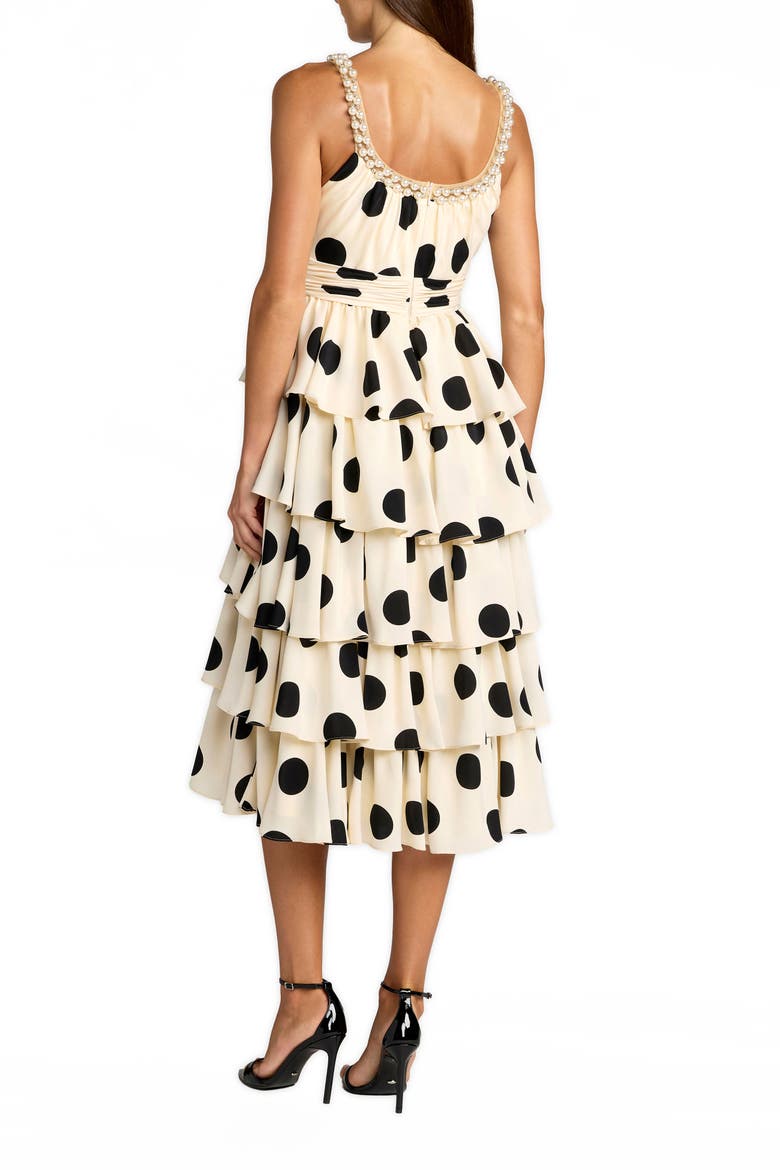 Women's Polka Dot Charmeuse Scoop Neck Ruffle Midi Dress, Alternate, color, Black Ivory