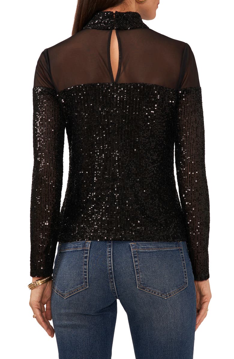 Vince Camuto Illusion Yoke Sequin Mock Neck Top, Alternate, color, Rich Black