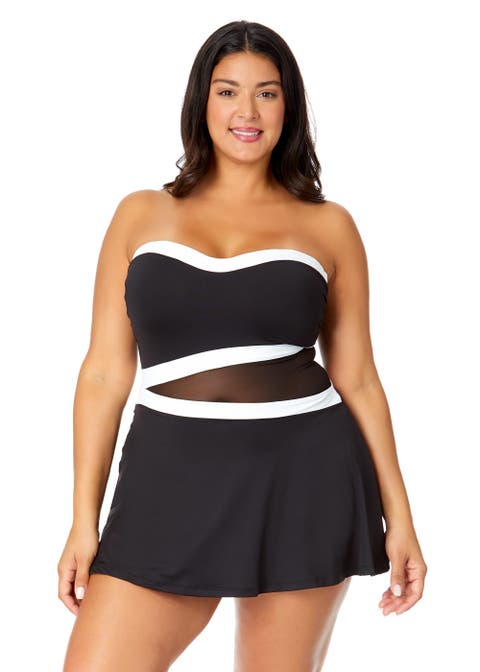 Women's Plus Mesh Around Paneled Strapless Mesh Swim Dress
