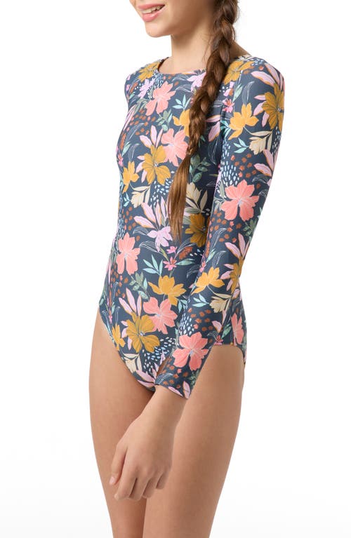 O'neill Kids' Mila Floral Twist Long Sleeve One-piece Rashguard Swimsuit In Gray