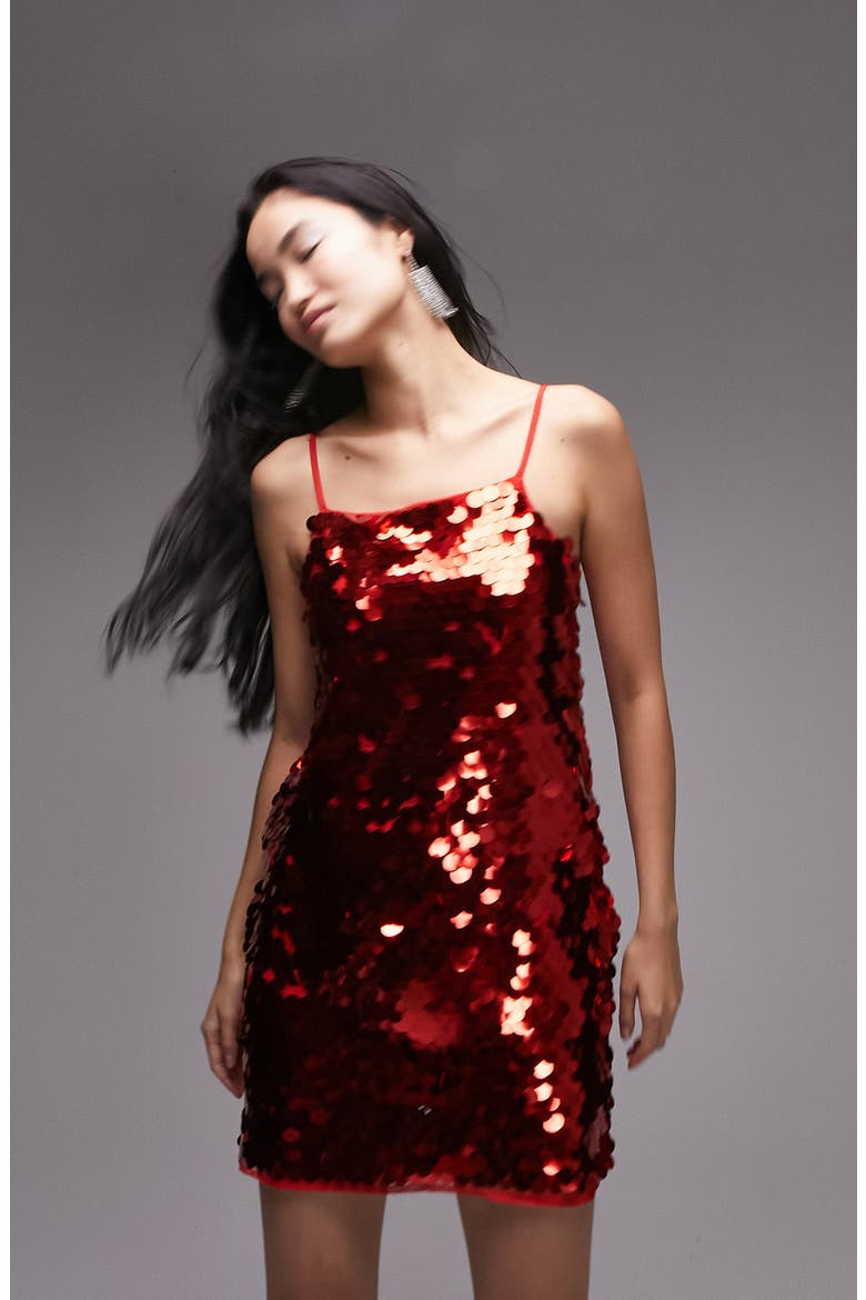 Sequin Disco Shift Minidress, Alternate, color, RED