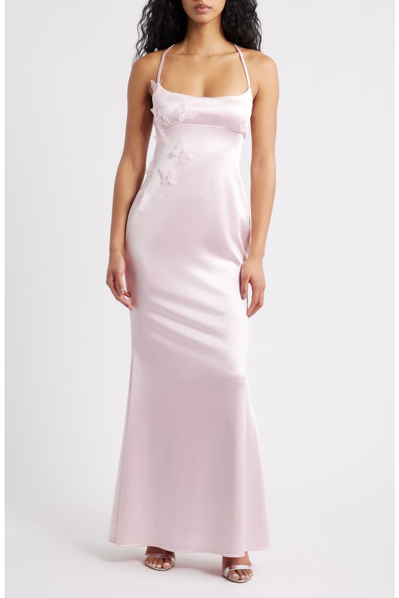 Royale Satin Lace Up Back Gown, Main, color, BLUSH