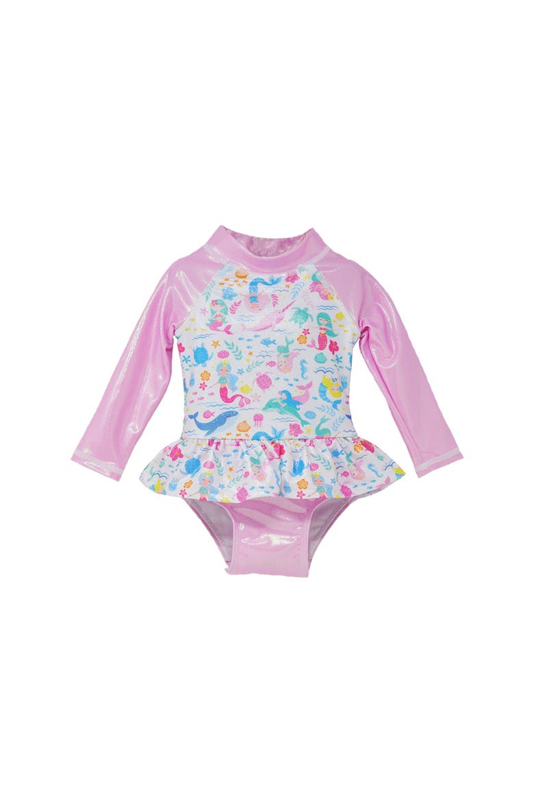 Girls' Sun Protective UPF 50+ Alissa Infant Ruffle Rash Guard Swimsuit, Main, color, Mermaid Friends