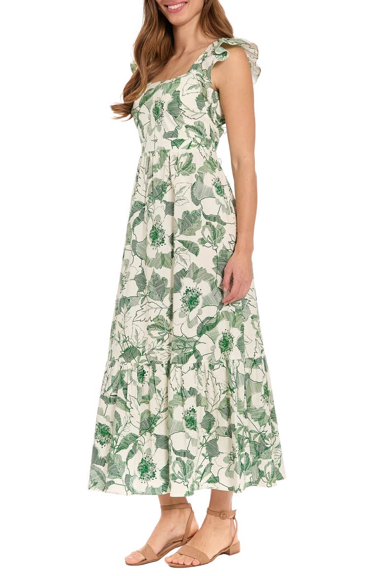 Ruffle Sleeve Square Neck Maxi Dress, Alternate, color, SOFT WHITE/ PINE