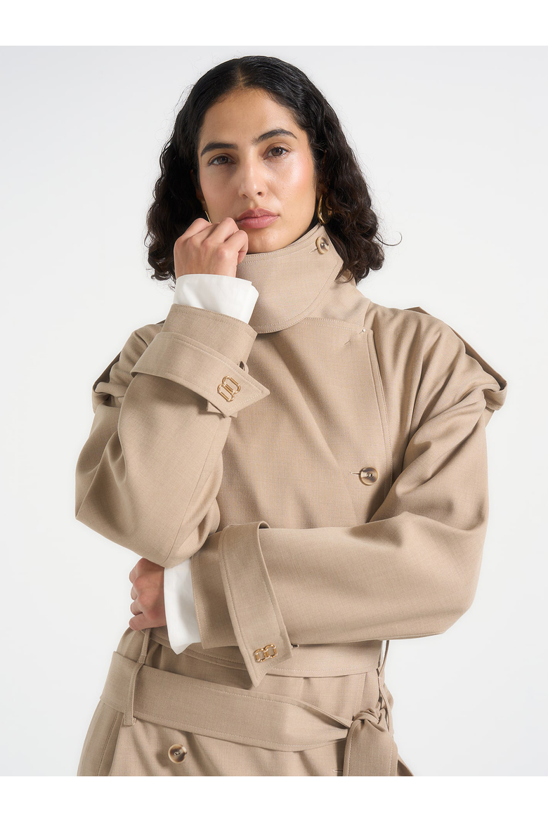 Esther Double Belted Funnel Neck Trench Coat, Alternate, color, Taupe