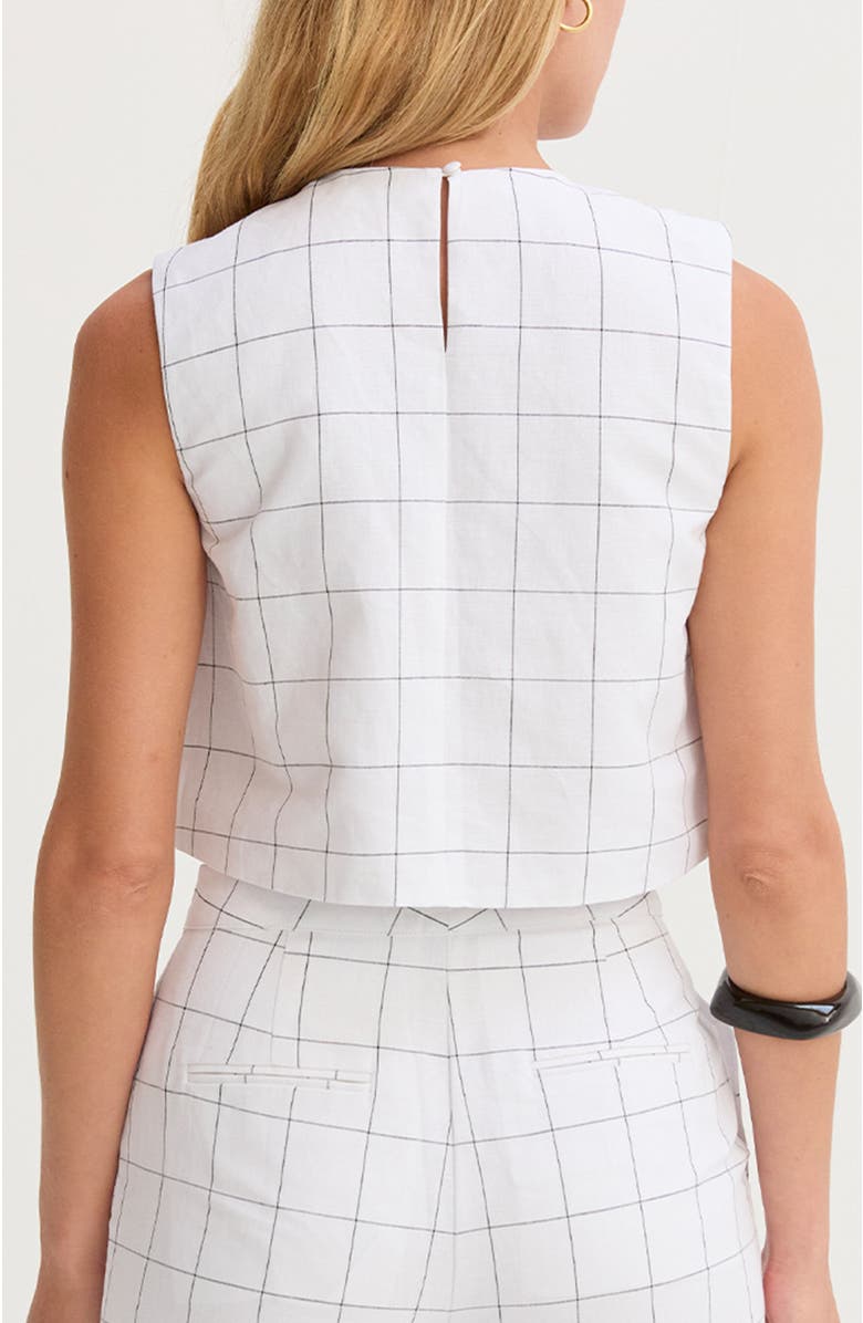 CRESCENT Windowpane Semi Cropped Linen Top, Alternate, color, White