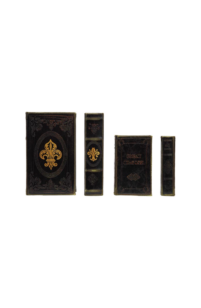Storied Home 2-Piece Wood and Faux Leather Book Storage Boxes with Fleur De Lis "Great Composer", Black and Gold Color, Main, color, Black