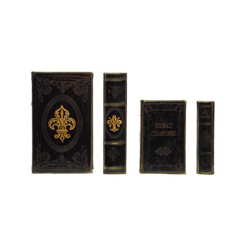 2-Piece Wood and Faux Leather Book Storage Boxes with Fleur De Lis "Great Composer", Black and Gold Color