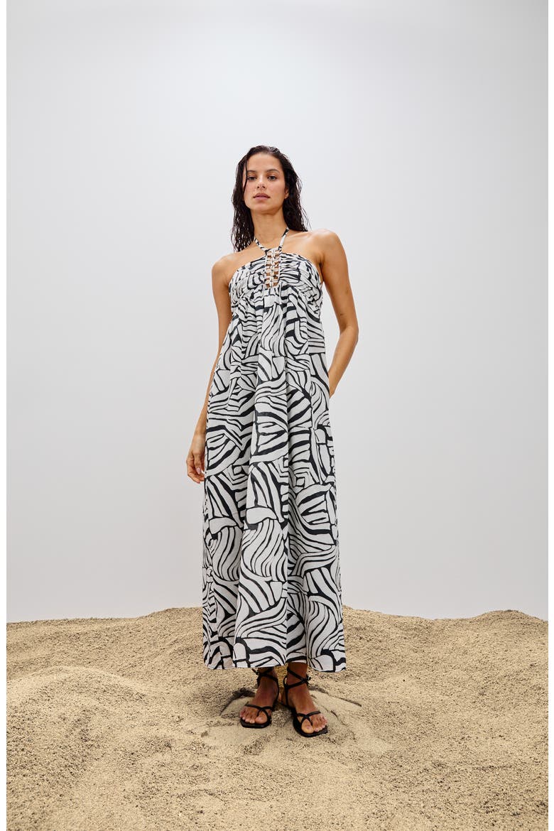 Palazzo Printed Halter Midi Dress, Alternate, color, PLAYA BLANCA